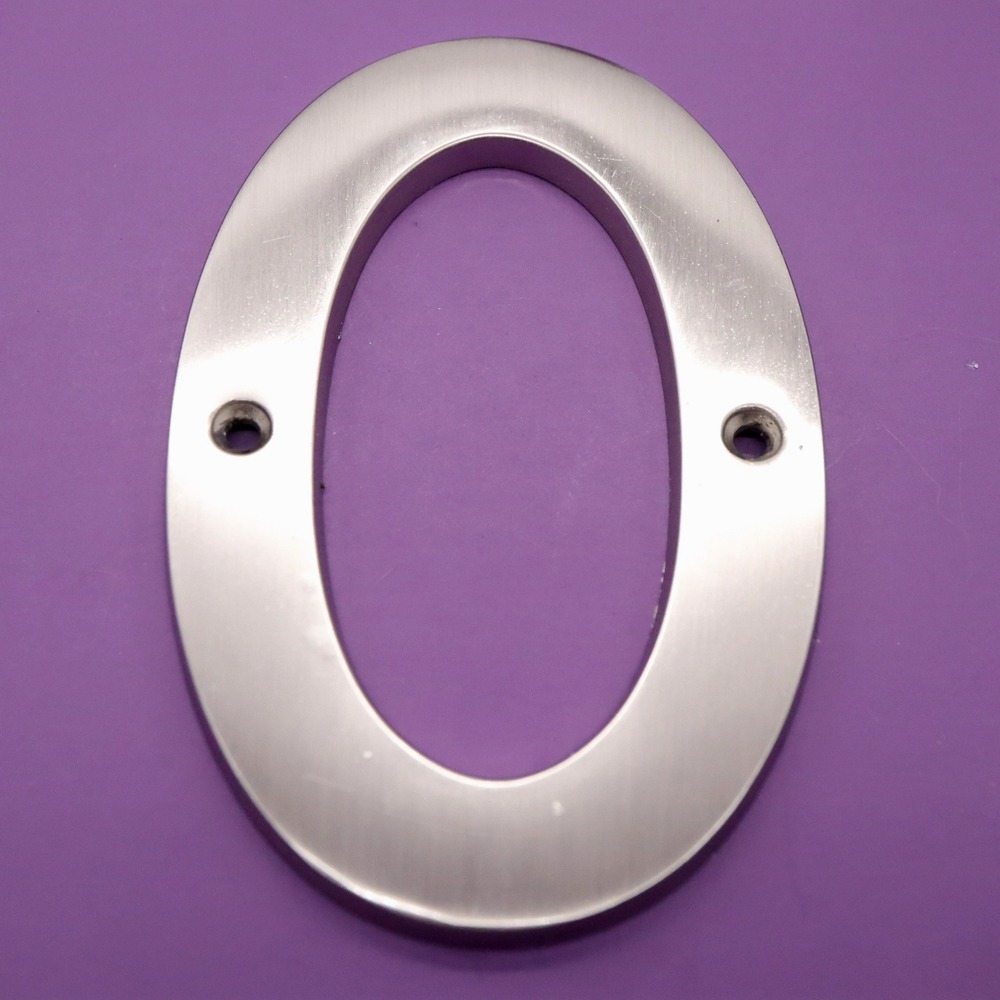 Number 0 Zero Satin Nickel 4" House Number w/ Hardware Wall Mount Post Address